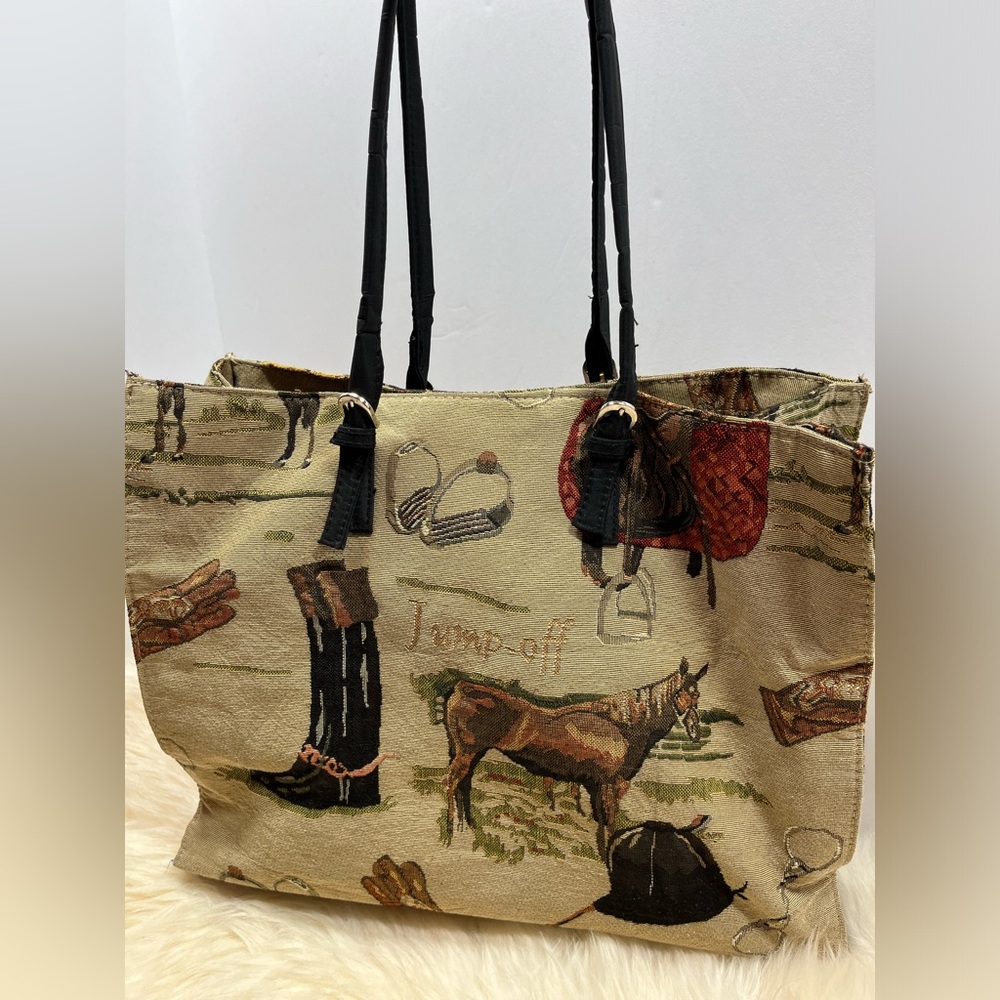 Braciano Equestrian Tapestry Tote Nylon Shoulder Straps ‘Jump Off ‘ Tan